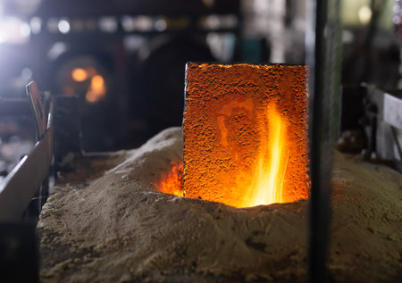 Foundry - ferrous metal is melted in an induction furnace of metallurgical plantの写真素材