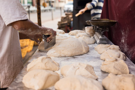 Yeast dough on baking table. cooking process