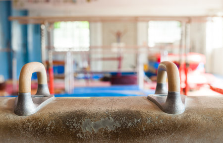 Pommel horse in gymnasium. The horse is tan leather with wooden legs and handles.の写真素材