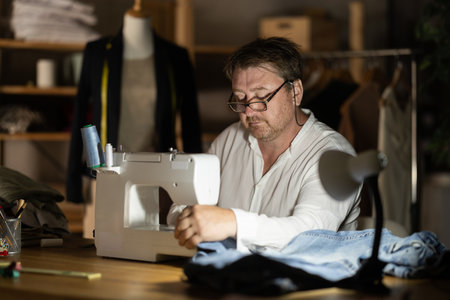 Middle-aged male dressmaker working with sewing-machine at nightの写真素材