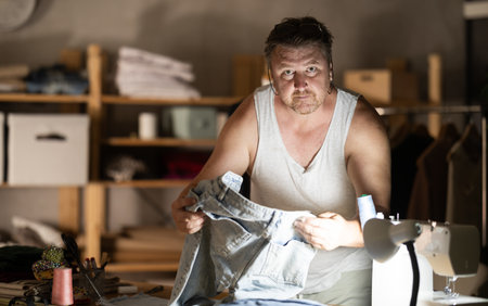Middle-aged male dressmaker reviewing jeans to restore