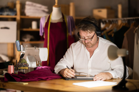 Male tailor create sketch of dress on tablet