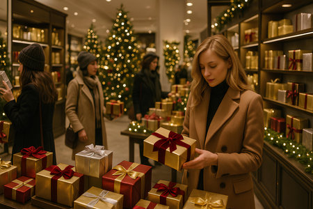 Experience the magic of Christmas as an elegant woman chooses the perfect gift in a warmly lit store, creating a moment of joy and holiday cheer.の素材