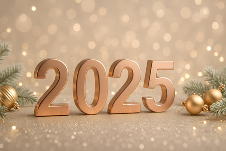 Celebrate the upcoming New Year 2025 with festive greetings, holiday promotions, and elegant invitations using this sparkling, gold-themed design. Perfect for events.の素材