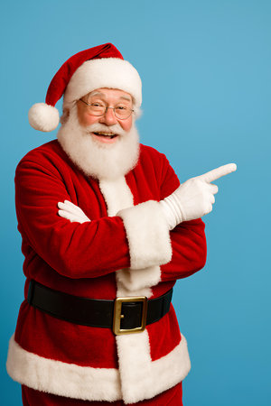 Santa Claus pointing with a jolly expression, perfect for your holiday promotions, Christmas sales, and festive announcements with a bright, cheerful backdrop.の素材