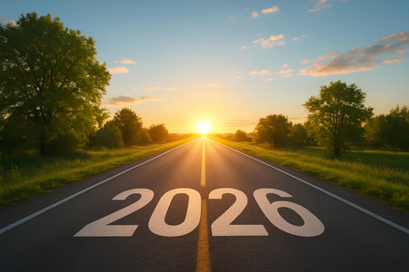 Inspiring scene of the year 2026 painted on a road leading towards a radiant sunrise. Symbolizes new beginnings, hope, and the journey to a bright future ahead.の素材