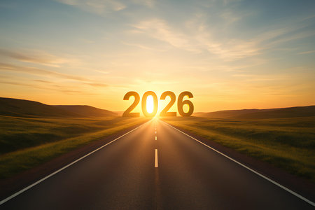 Embrace the possibilities of 2026 with a sun-drenched road, symbolizing a journey towards success, ambition, and a bright future. Celebrate new beginnings now!の素材
