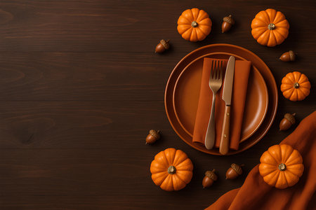 Warm Thanksgiving table setting with pumpkins and rustic wood creates an inviting atmosphere for autumn celebrations and delicious seasonal feasts with loved ones.の素材