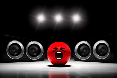 Screaming angry rock star on stage. Conceptual stage photo taken with an emoji stress ball and...