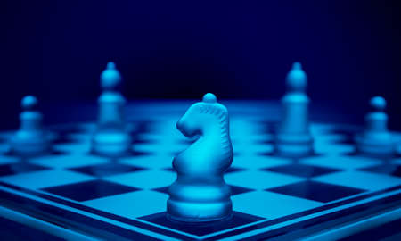 Chess game. Knight stuck in the corner of the chess board against pawns and bishops.の写真素材