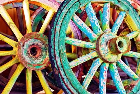 Colorful decorative old wooden wheels. close upの写真素材