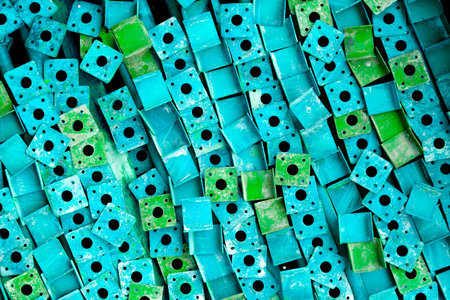 Stack of colorful working scaffolding materials in a construction site
