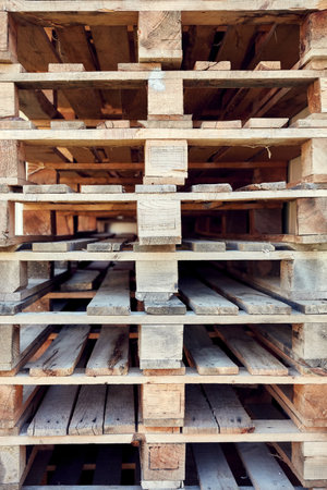 Stock of old wooden euro pallets at a warehouse