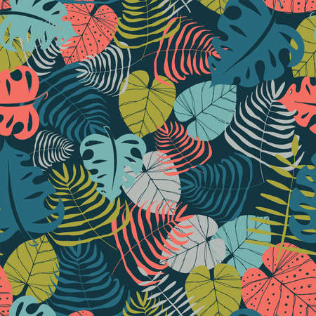 Seamless vector repeat pattern of tropical motifs in a cheerful color paletteのイラスト素材