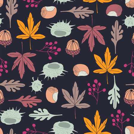 seamless vector pattern repeat of hand-drawn autumn motifs in a cheerful colour paletteのイラスト素材