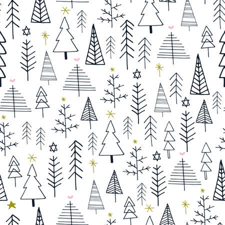 seamless vector repeat of hand-drawn, abstract winter treesのイラスト素材