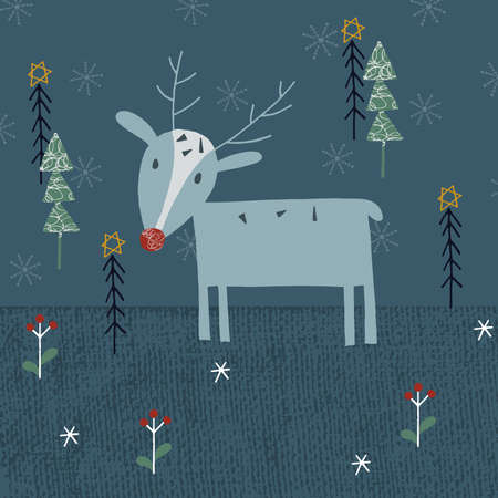 hand-drawn vector illustration of a cute winter reindeer and winter woodland motifsのイラスト素材
