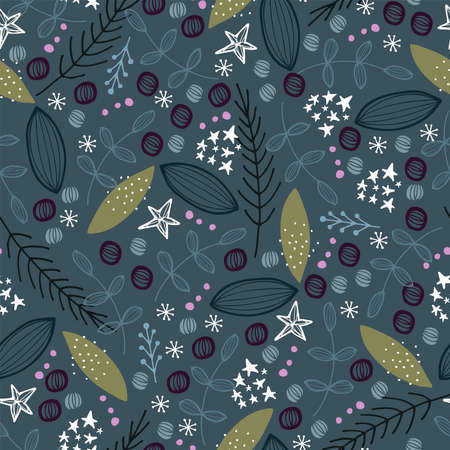 seamless vector pattern repeat of hand-drawn festive foliage and motifsのイラスト素材