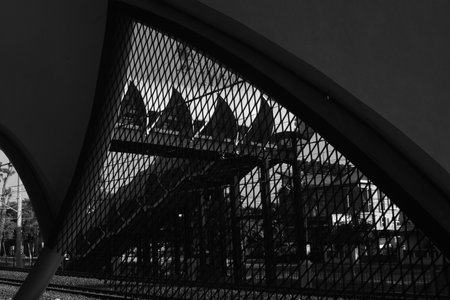 Black and white photo of pedestrian bridgeの写真素材