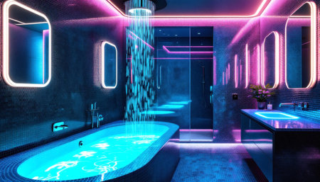 Modern bathroom features a unique waterfall shower and vibrant neon lights for a spa experience Perfect for home decor inspiration.の素材