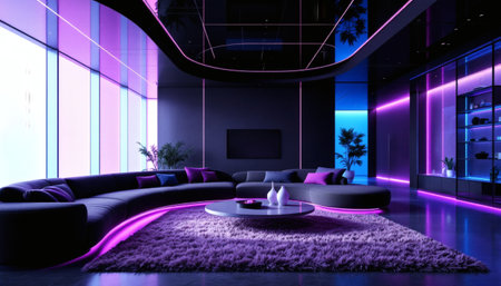 Stylish modern living room features neon purple lighting and sleek design with a fuzzy rug Great for interior design inspiration or futuristic concepts.の素材
