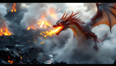 Majestic dragon spews fiery breath over a volcanic landscape filled with ash and fire, showcasing power and fantasy Used for gaming or book covers.の素材