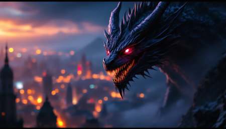 A dark, menacing dragon with red glowing eyes overlooks a vibrant city at dusk, creating a dramatic and surreal atmosphere Perfect for fantasy book covers or digital art.の素材