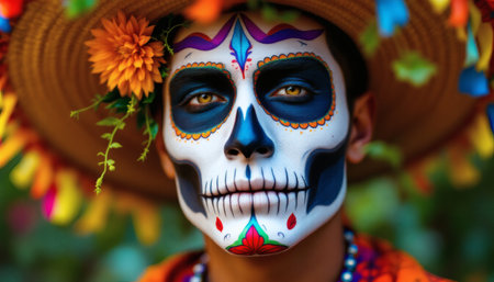 A person with vibrant sugar skull face paint and traditional sombrero embodies the spirit of Dia de los Muertos Use for cultural or festive illustrations.の素材