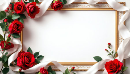 Elegant red roses and white ribbon beautifully arranged around a gold frame Perfect for wedding invitations or romantic announcements.の素材
