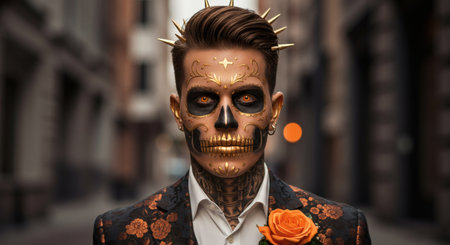 Halloween man with skull make-up and orange roses in the cityの素材