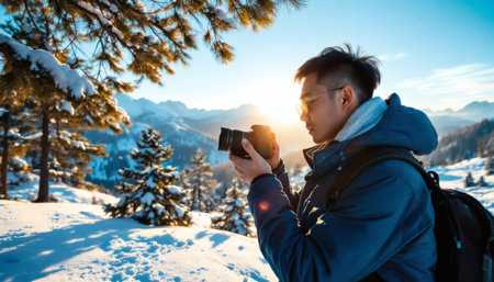 A man photographs a stunning winter sunset over snow covered mountains and trees Perfect for travel and nature photography blogs.の素材