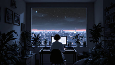 A person sits at a keyboard overlooking a stunning night city skyline filled with stars Perfect for projects needing a calm nocturnal vibe.の素材