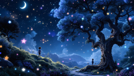 Two children gaze at a breathtaking night sky filled with stars twinkling around a large tree with a treehouse Perfect for fantasy and children's book illustrations.の素材