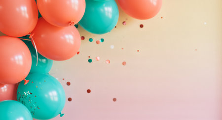 Colorful coral and turquoise balloons with scattered confetti create a joyful, celebratory mood Perfect for party or event invitations.の素材