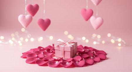 A pink gift box sits on rose petals surrounded by hanging hearts and string lights making it ideal for Valentine's or wedding content.の素材