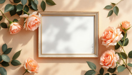 Delicate peach roses and green leaves beautifully frame a blank canvas mockup, perfect for showcasing art or announcements and adding a touch of romance.の素材