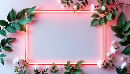 A bright neon rectangle frame is adorned with leaves and flowers on a soft pink background, perfect for displaying your message or design.の素材