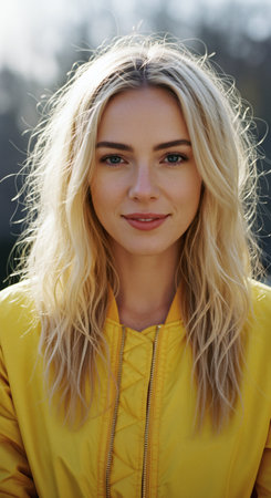 Portrait of a smiling woman with blonde hair wearing a yellow jacket outside She exudes positivity and casual style, perfect for fashion or lifestyle content.の素材