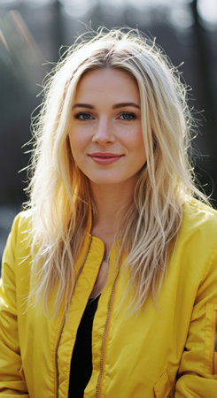 Smiling woman with blonde hair wearing a bright yellow jacket looking directly into the camera in natural light perfect for lifestyle and fashion content.の素材