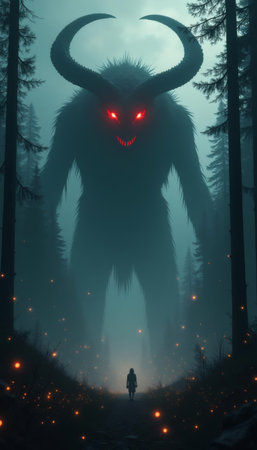 A lone figure faces a massive horned creature in a misty forest with glowing embers, creating an eerie and suspenseful scene Perfect for fantasy and horror illustrations.の素材