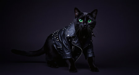 A sleek black cat with piercing green eyes dons a studded leather jacket, striking a cool pose on a dark background Use for pet fashion or humorous content.の素材