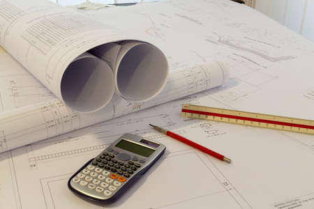 An office desk with the project papersの写真素材