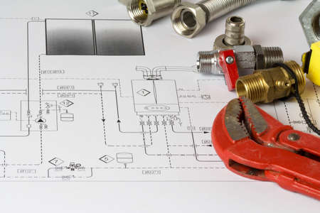 Office desk with hydraulic fittings and projectの写真素材