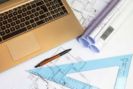 An office desk with the project papersの写真素材