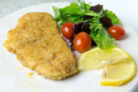 swordfish steak with salad, tomatoes and lemonの写真素材