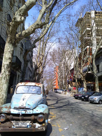streetview of Montevideo, Uruguay. cityscape, autumn trees
