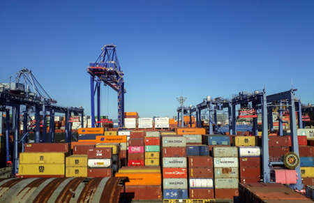 containers on port area in Guanabara Bay in Niteroi, Rio de Janeiro, Brazilのeditorial素材
