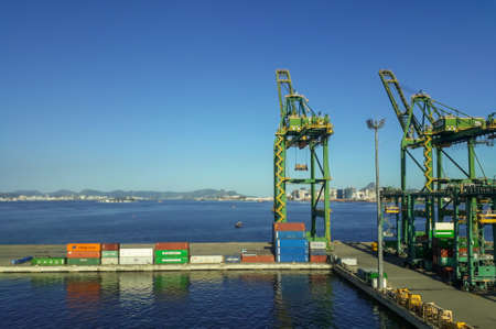 containers on port area in Guanabara Bay in Niteroi, Rio de Janeiro, Brazilのeditorial素材
