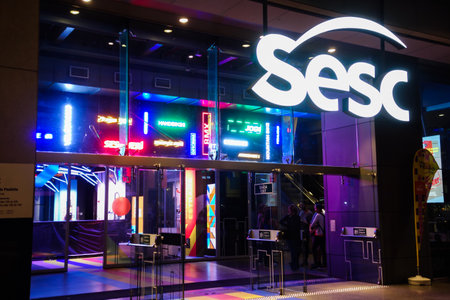 Sesc Paulista, in Sao Paulo, Brazil. exterior view, illuminated at night, neonのeditorial素材