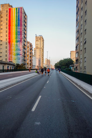 citizens walk the viaduct known as Elevated highway Minhocao, or Elevado Presidente Joao Goulart, in Sao Paulo downtown, Brazilのeditorial素材